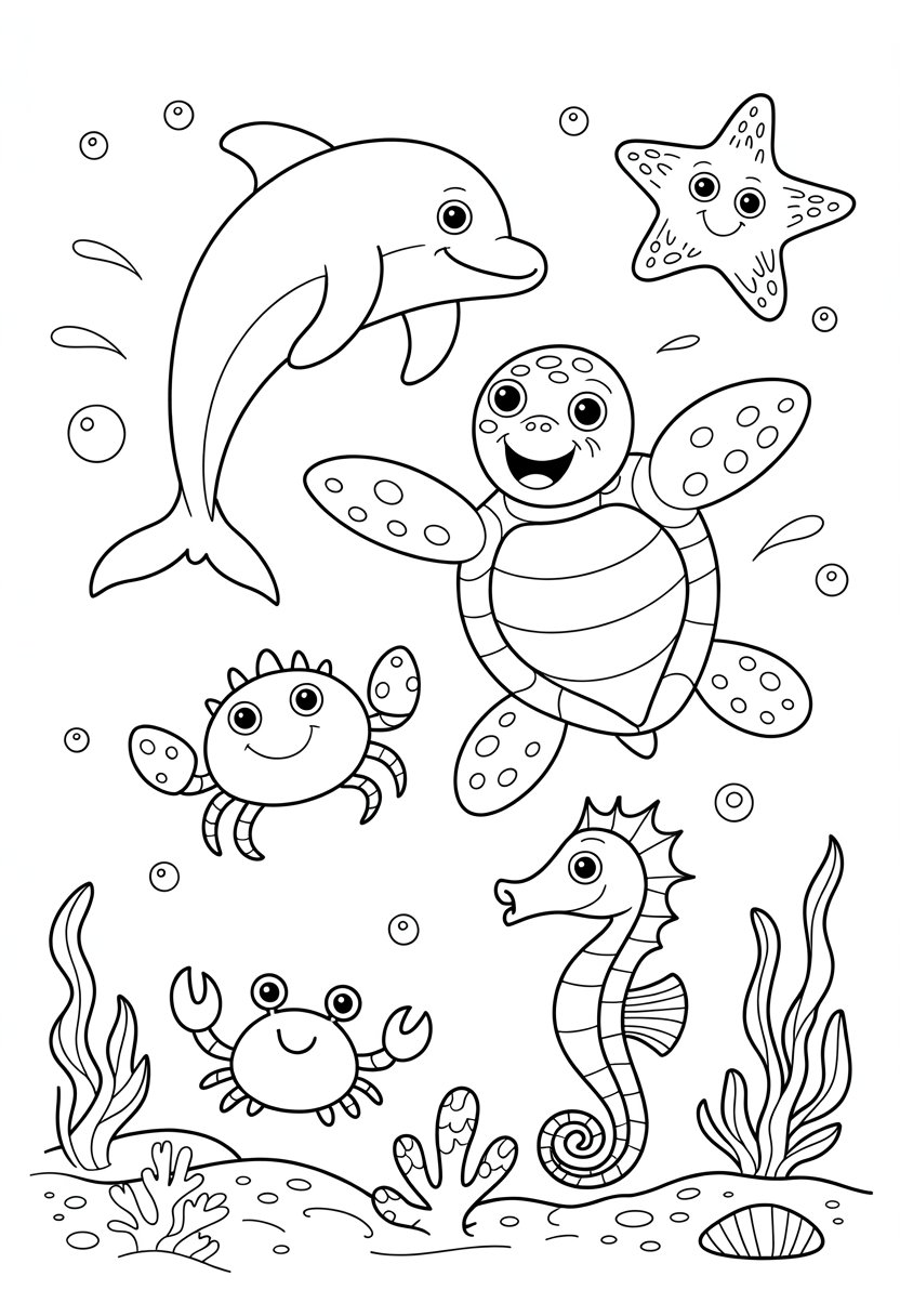 Coloring Pages Cute Ideas for Kids: 21 Engaging Designs to Inspire Creativity 35 A group of happy sea creatures including a dolphin, sea turtle, starfish, crab, and seahorse surrounded by underwater plants and bubbles.